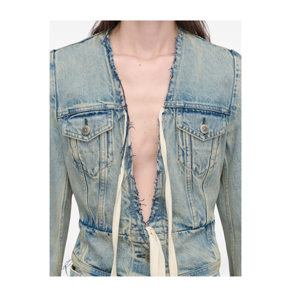 Light Blue Cotton Denim Jacket With V-Neck