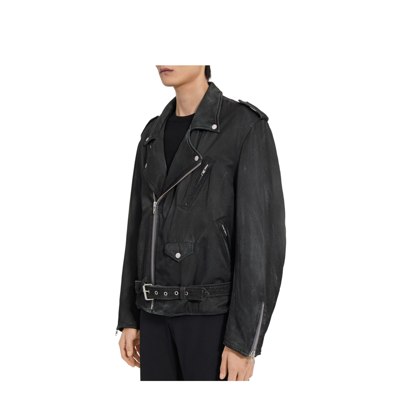 Black Jacket with Zip Fastening and Belted Waist