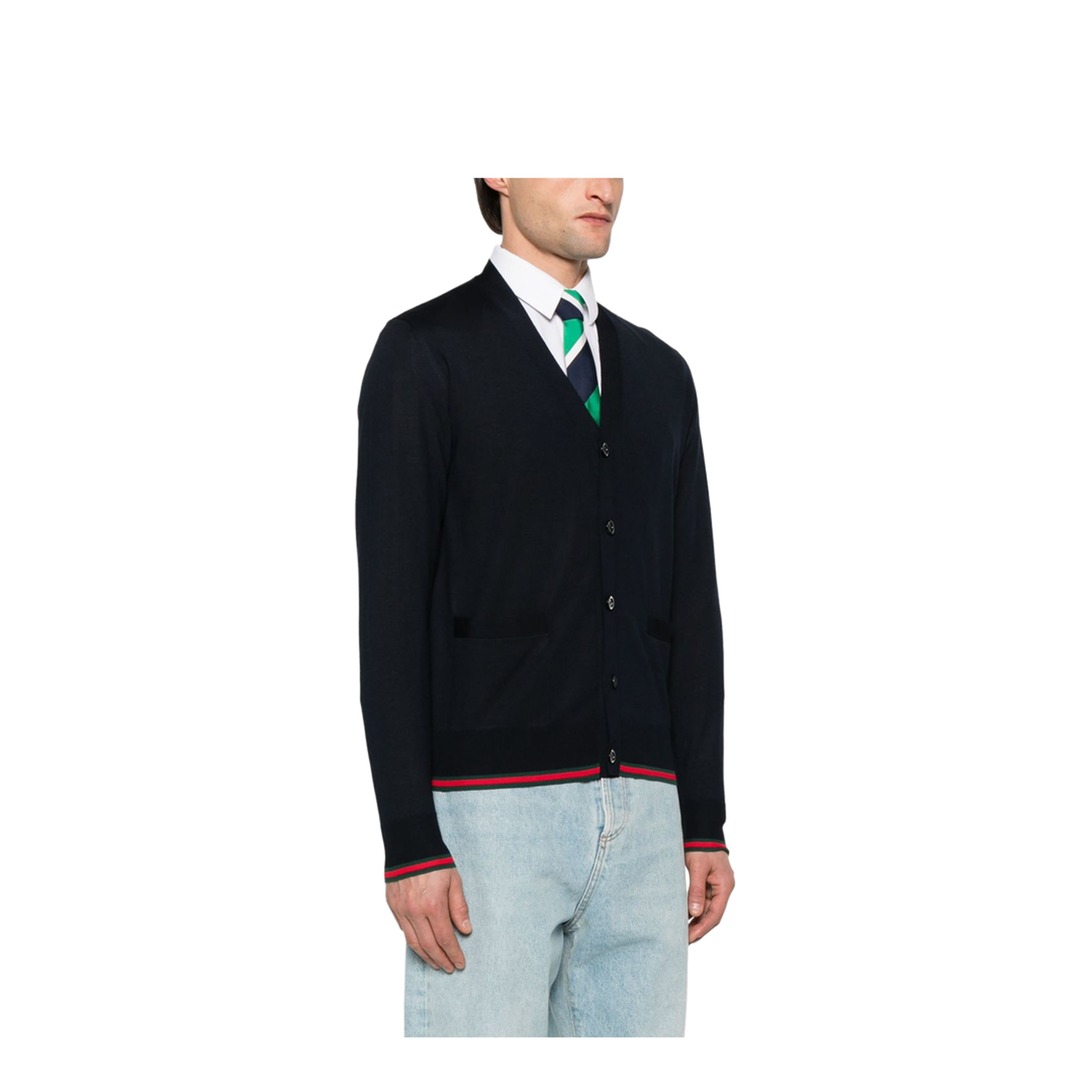 Wool Knit Cardigan with Web in Dark Blue