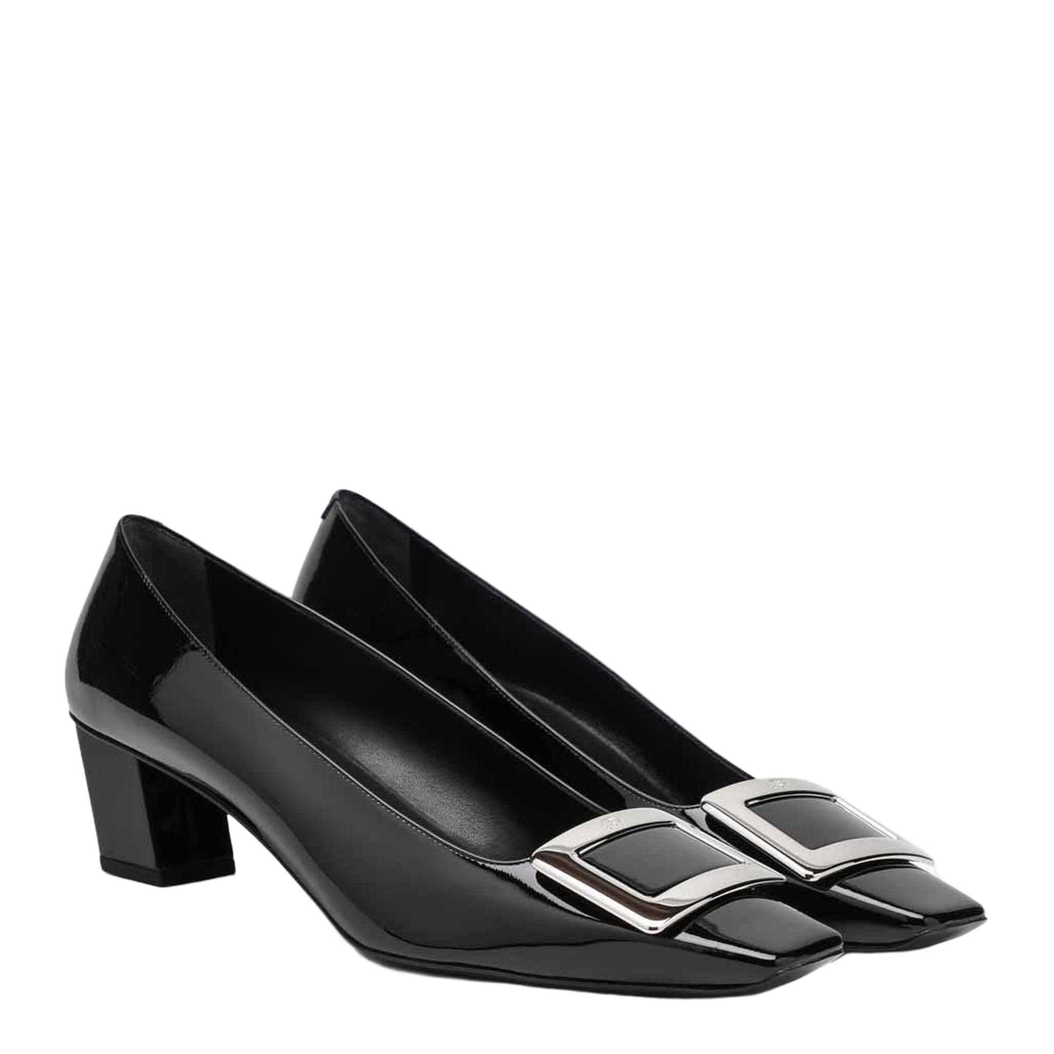 black calfskin pumps with buckle and wide heel