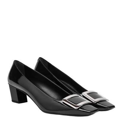 black calfskin pumps with buckle and wide heel