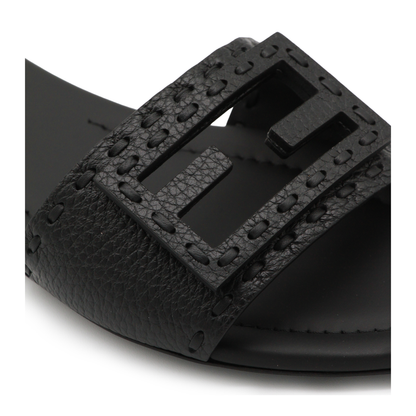 Black Leather Baguette Slides