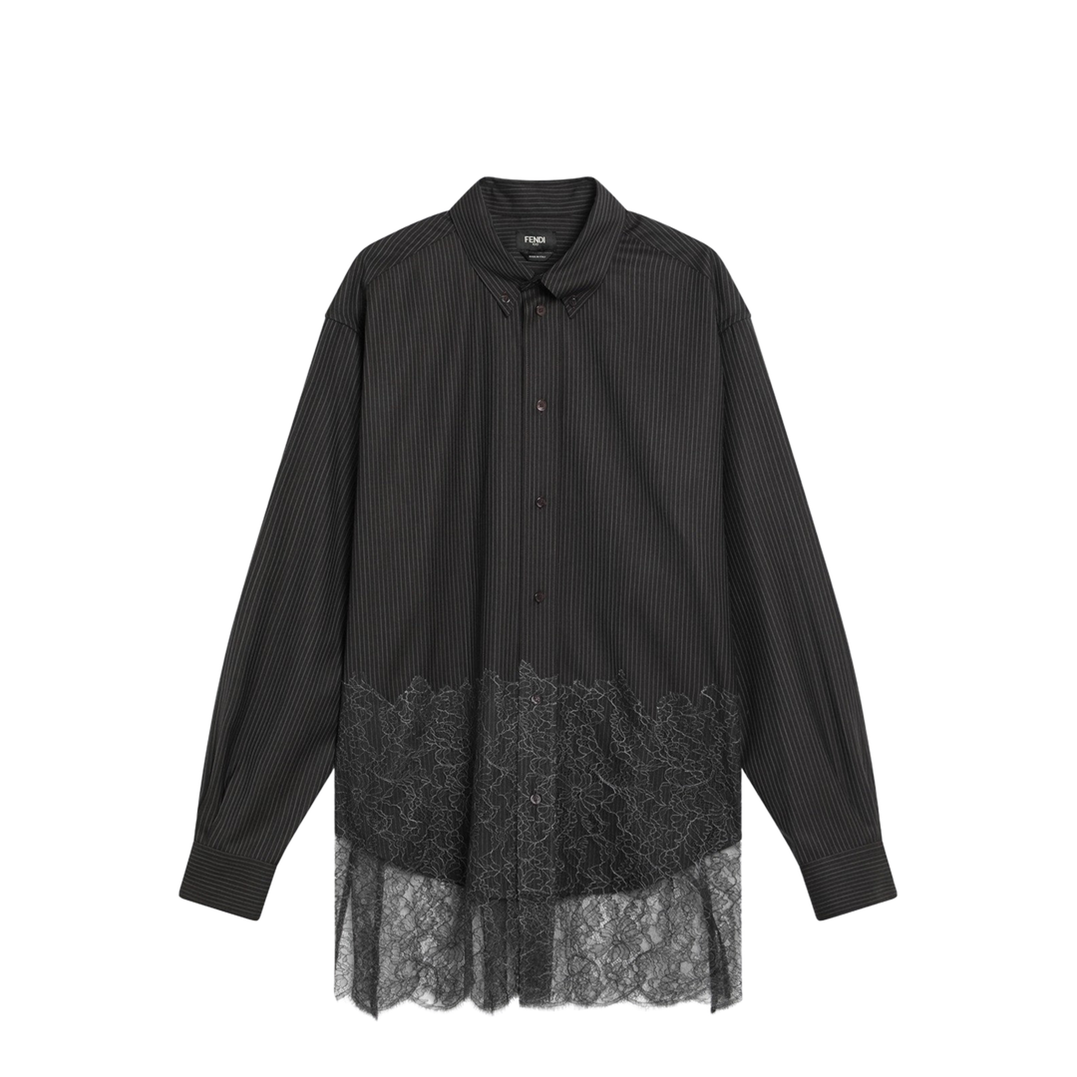 Espresso Pinstriped Wool Shirt with Lace