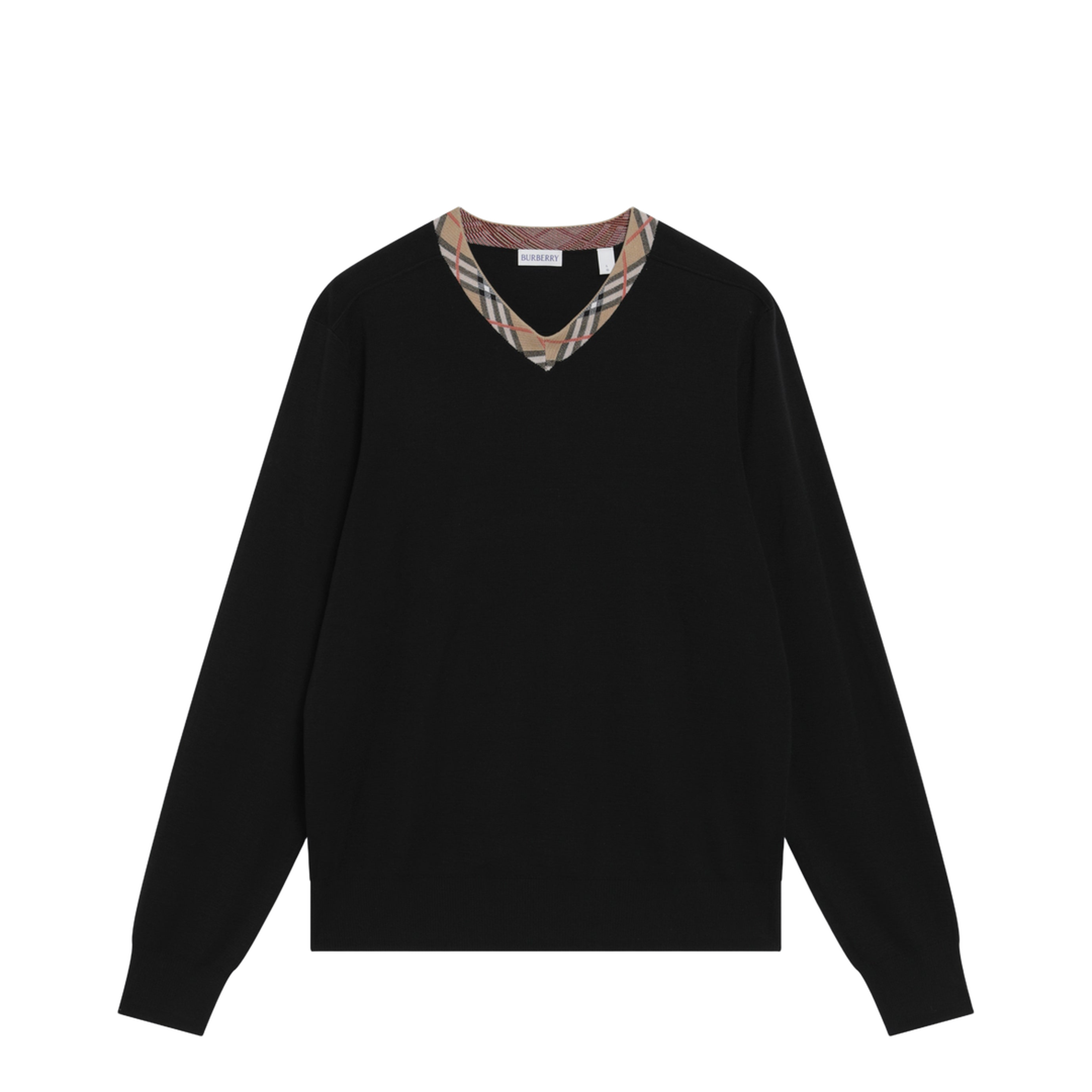 MAYFEYR - Burberry - Black Wool Sweater With Check Motif Neckline - 8127128176384A1189