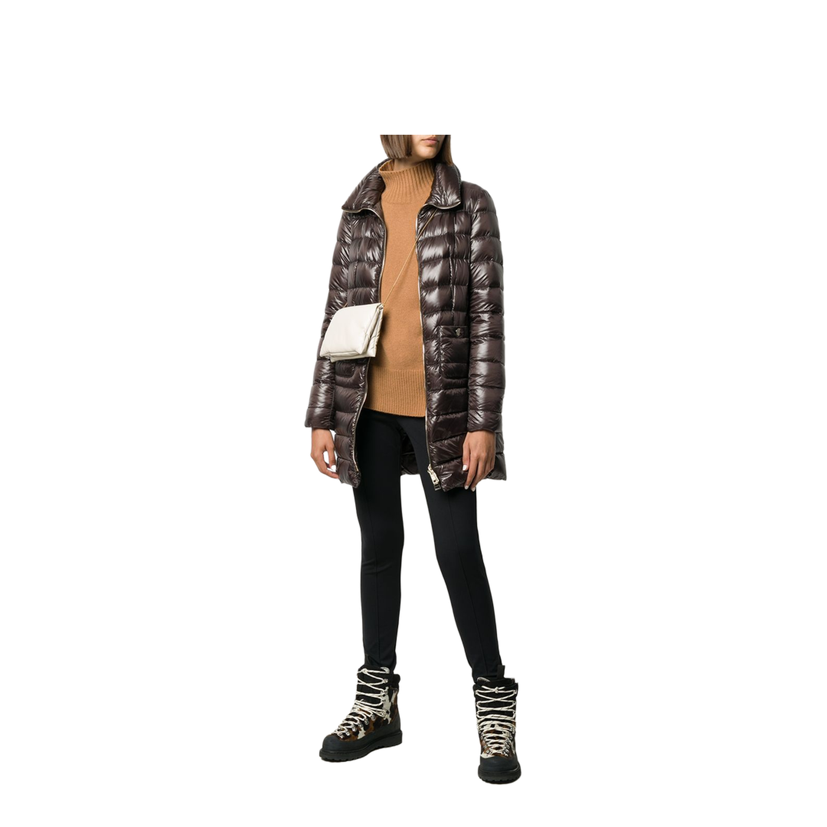Quilted Goose Down Midi Jacket Brown