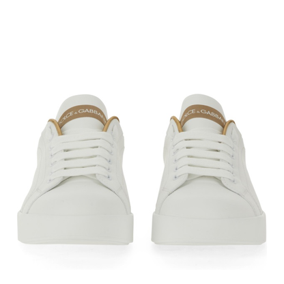 White Calfskin Low-Top Sneakers with Gold Details