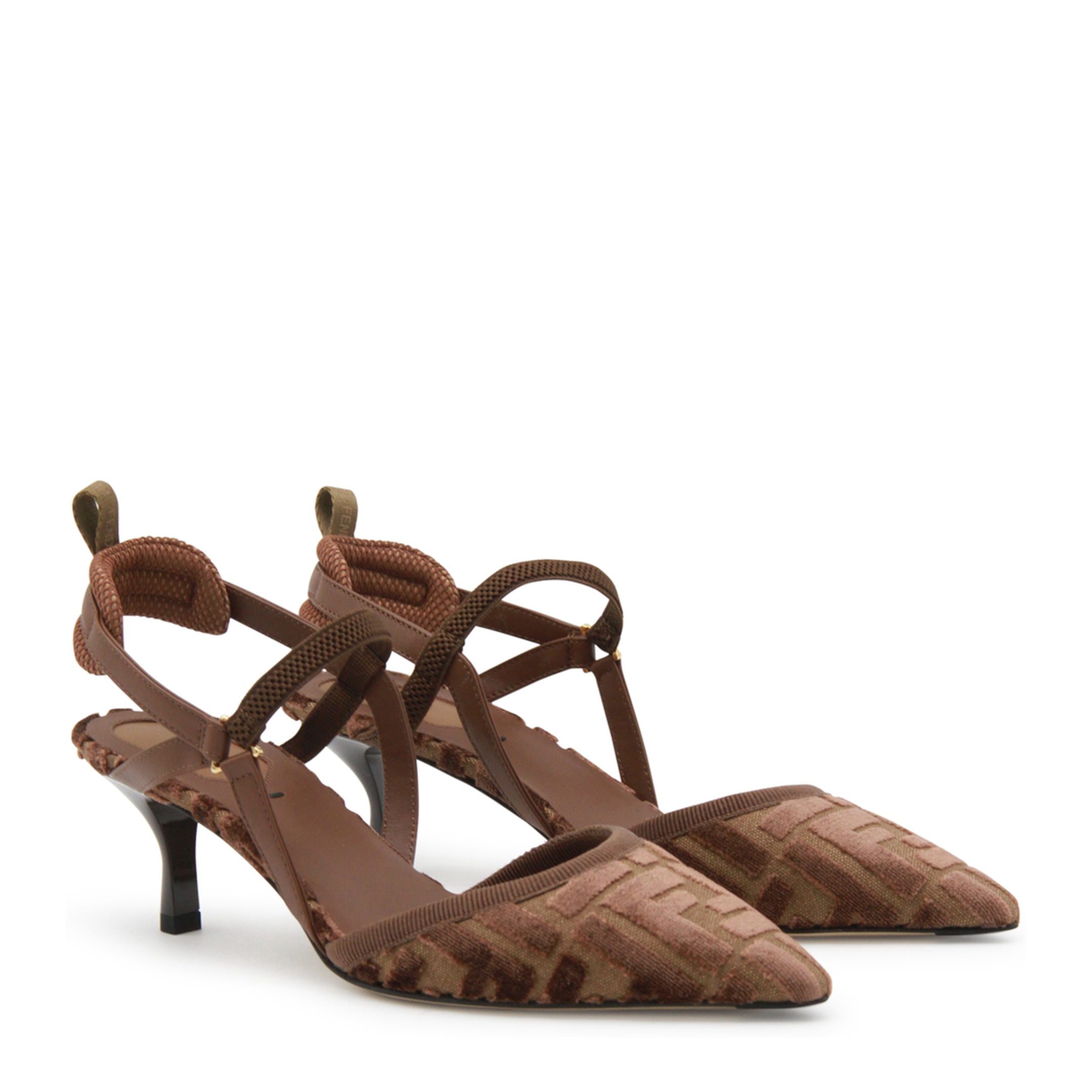 Brown FF Motif Jacquard Velvet Slingback Strap Pointed Toe