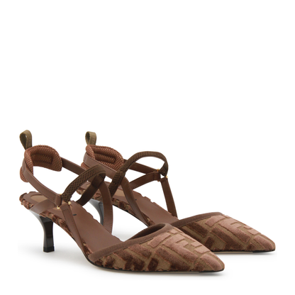 Brown FF Motif Jacquard Velvet Slingback Strap Pointed Toe