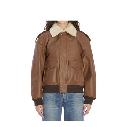 Bomber Jacket in Hammered Leather and Shearling