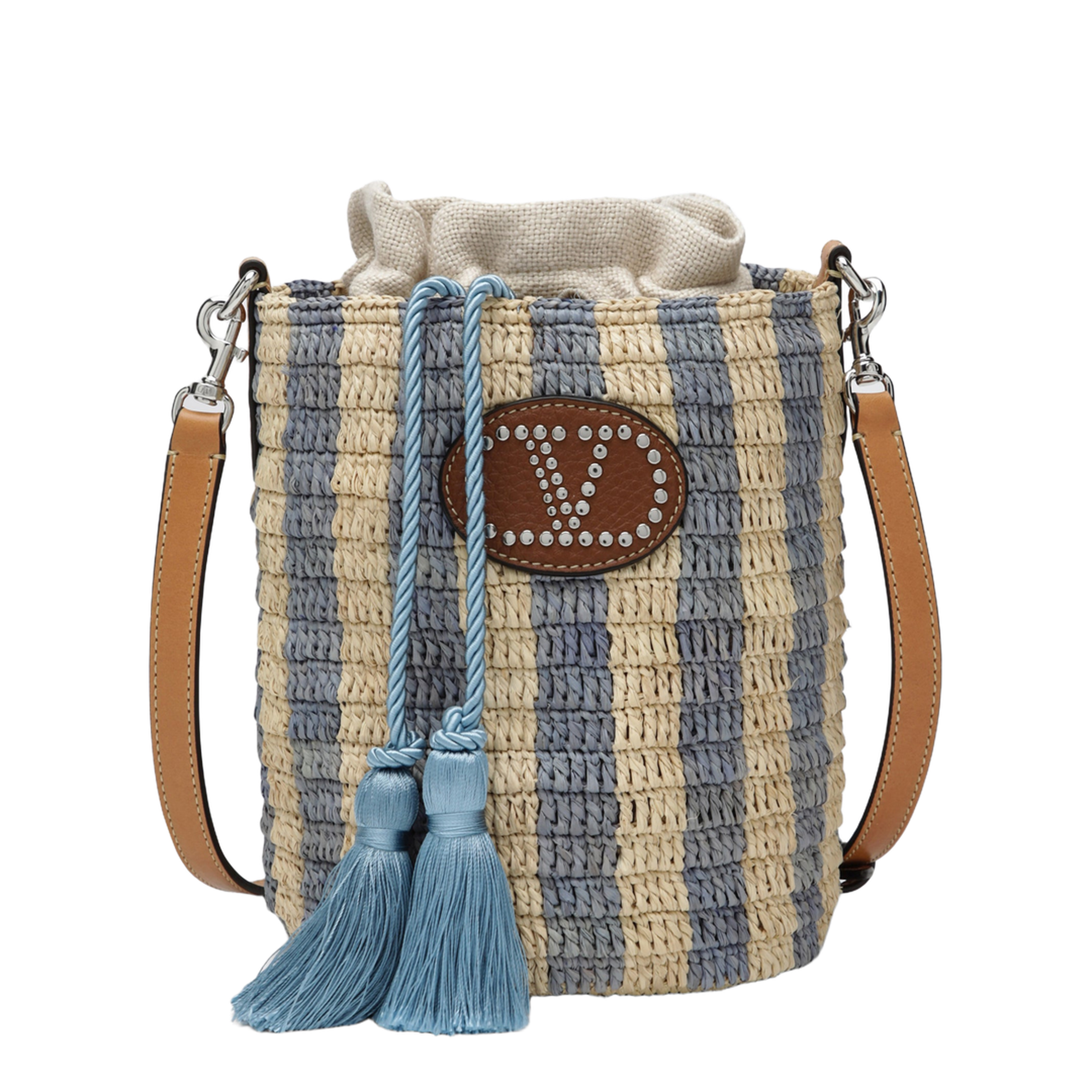 VLogo Signature Small Raffia Bucket Bag - Natural/Black
