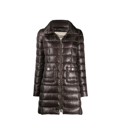 Quilted Goose Down Midi Jacket Brown
