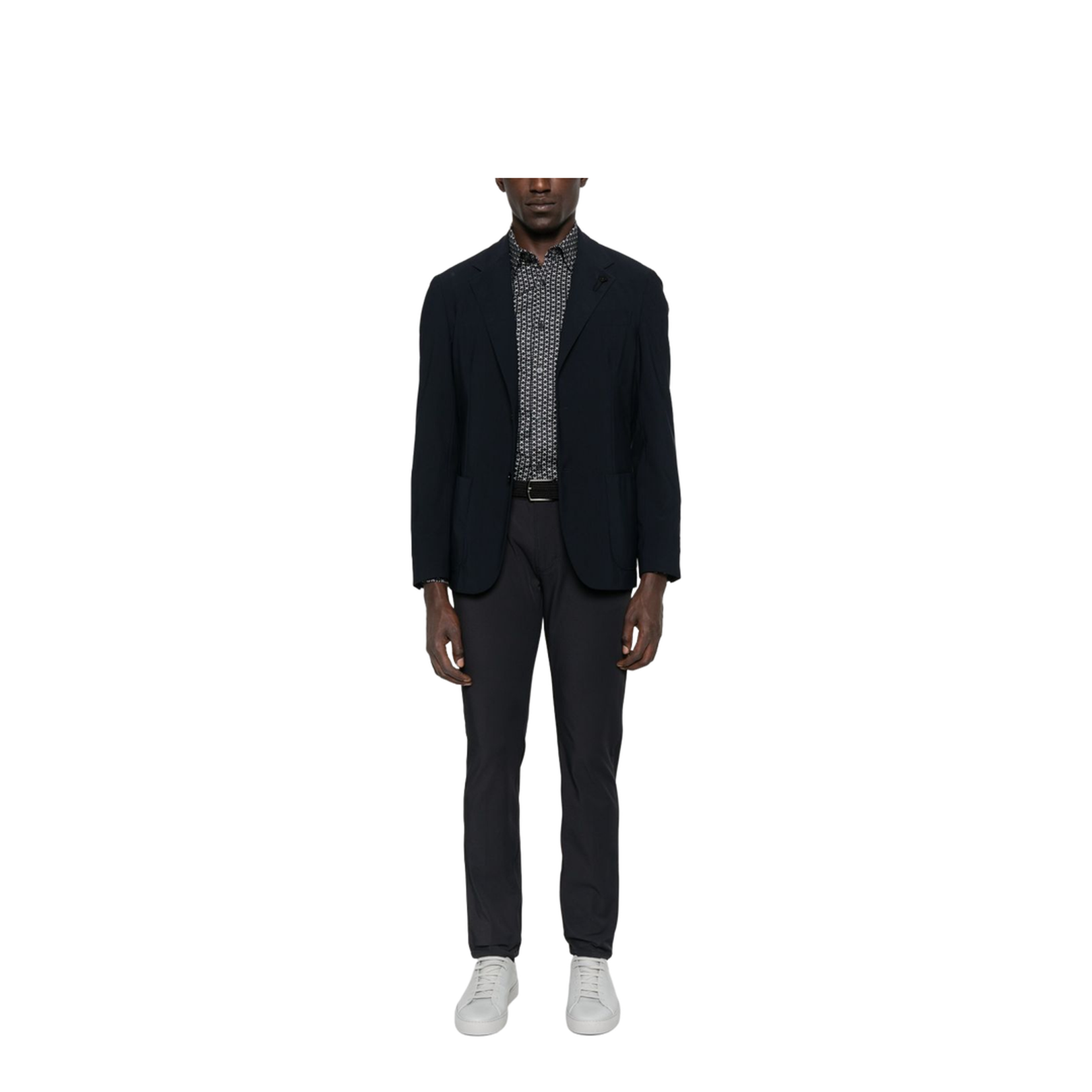 Navy Blue Geometric Print Long Sleeve Button Fastening Collared Shirt