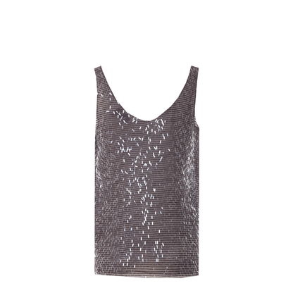 Brown Silk Sequin Top With Round Neck