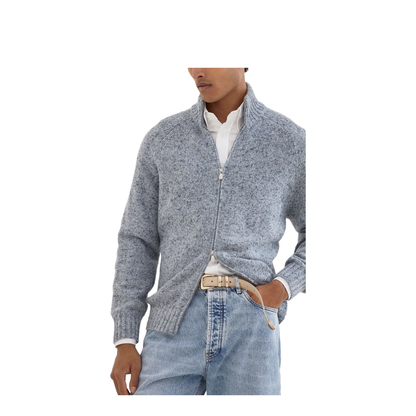 Zip-Front Cardigan in Light Blue Denim