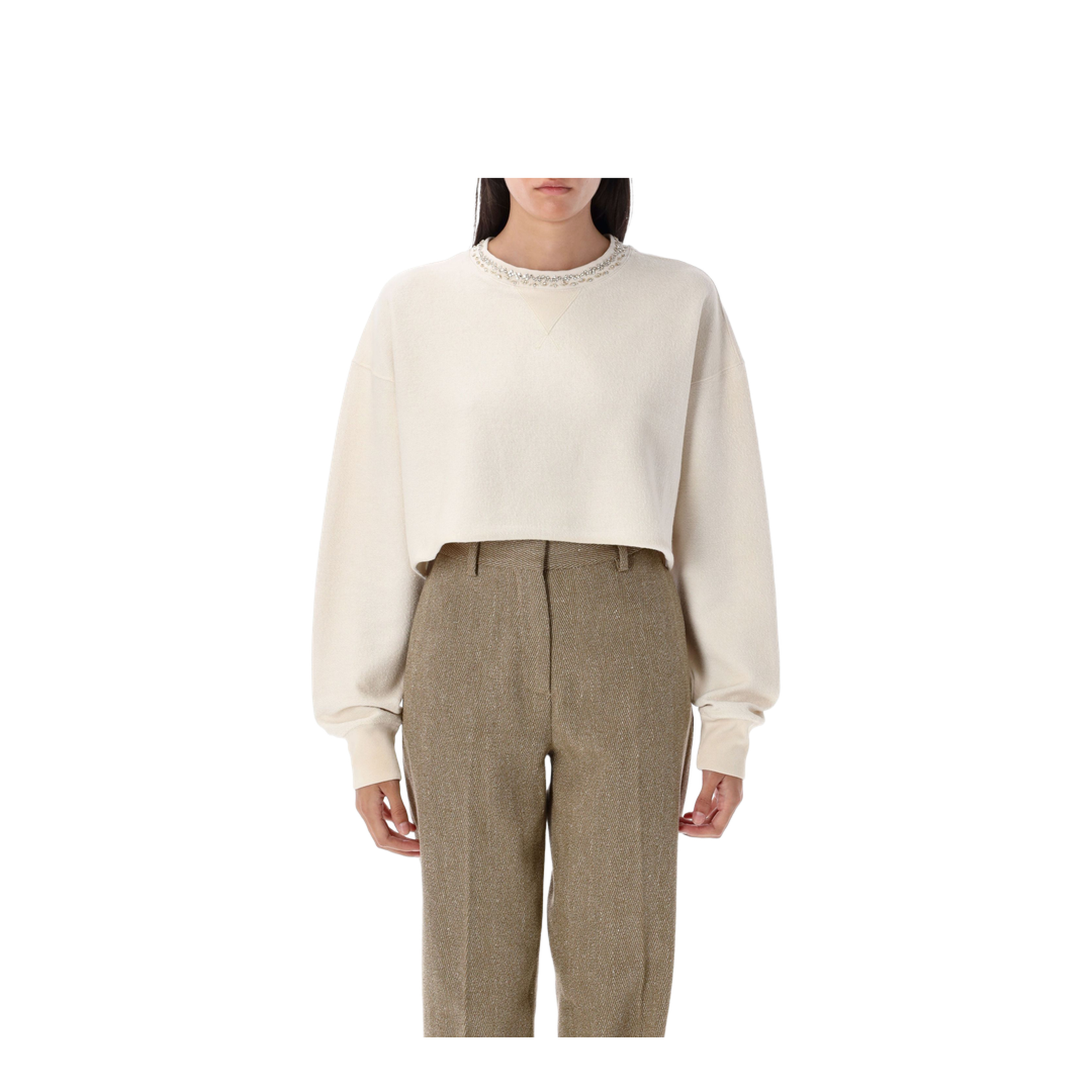 Cream Cotton Cropped Sweatshirt with Crystals