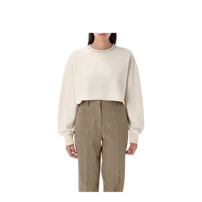 Cream Cotton Cropped Sweatshirt with Crystals