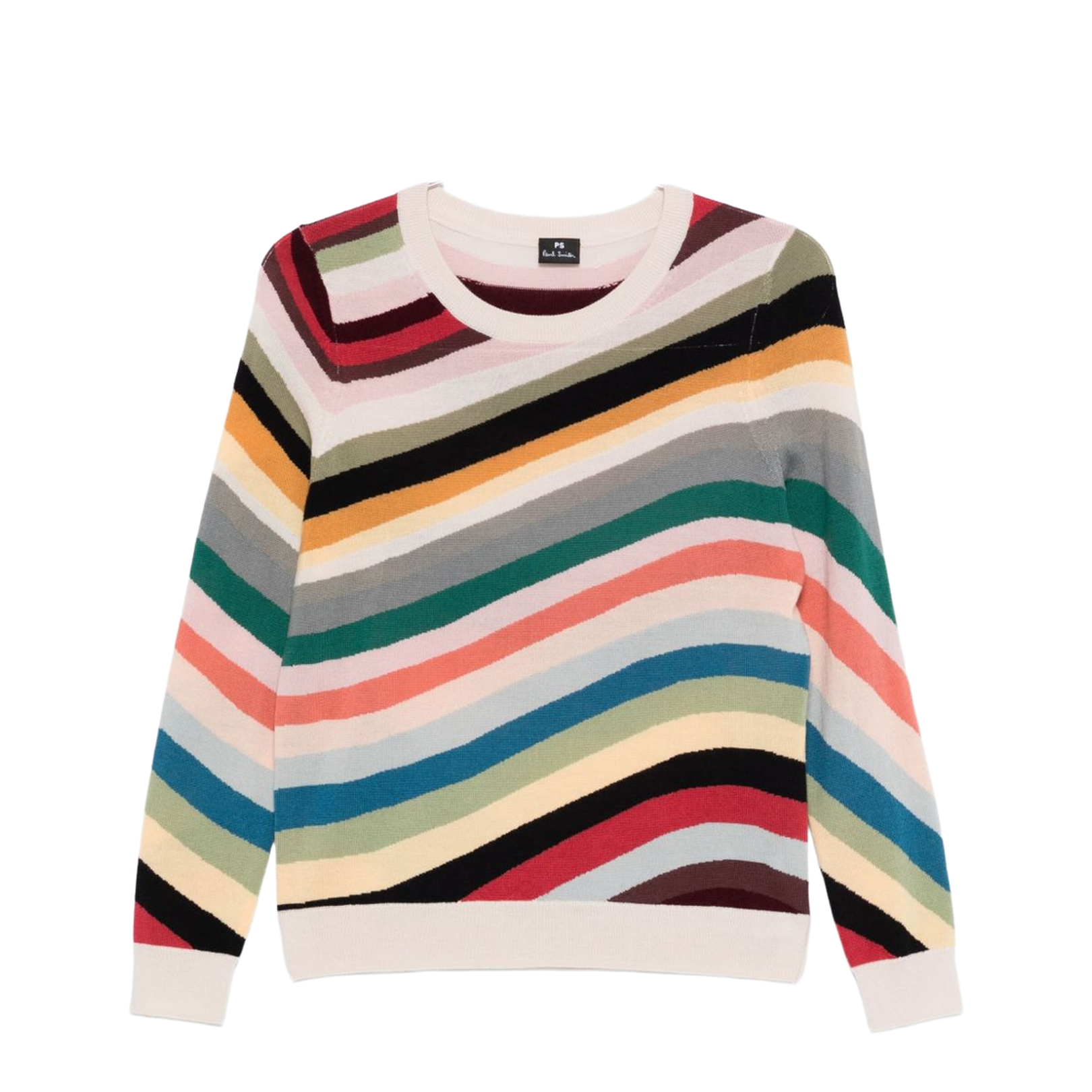 Yellow Multicolour Wave Stripe Pattern Long Sleeves Crew Neck Merino Wool Straight Hem