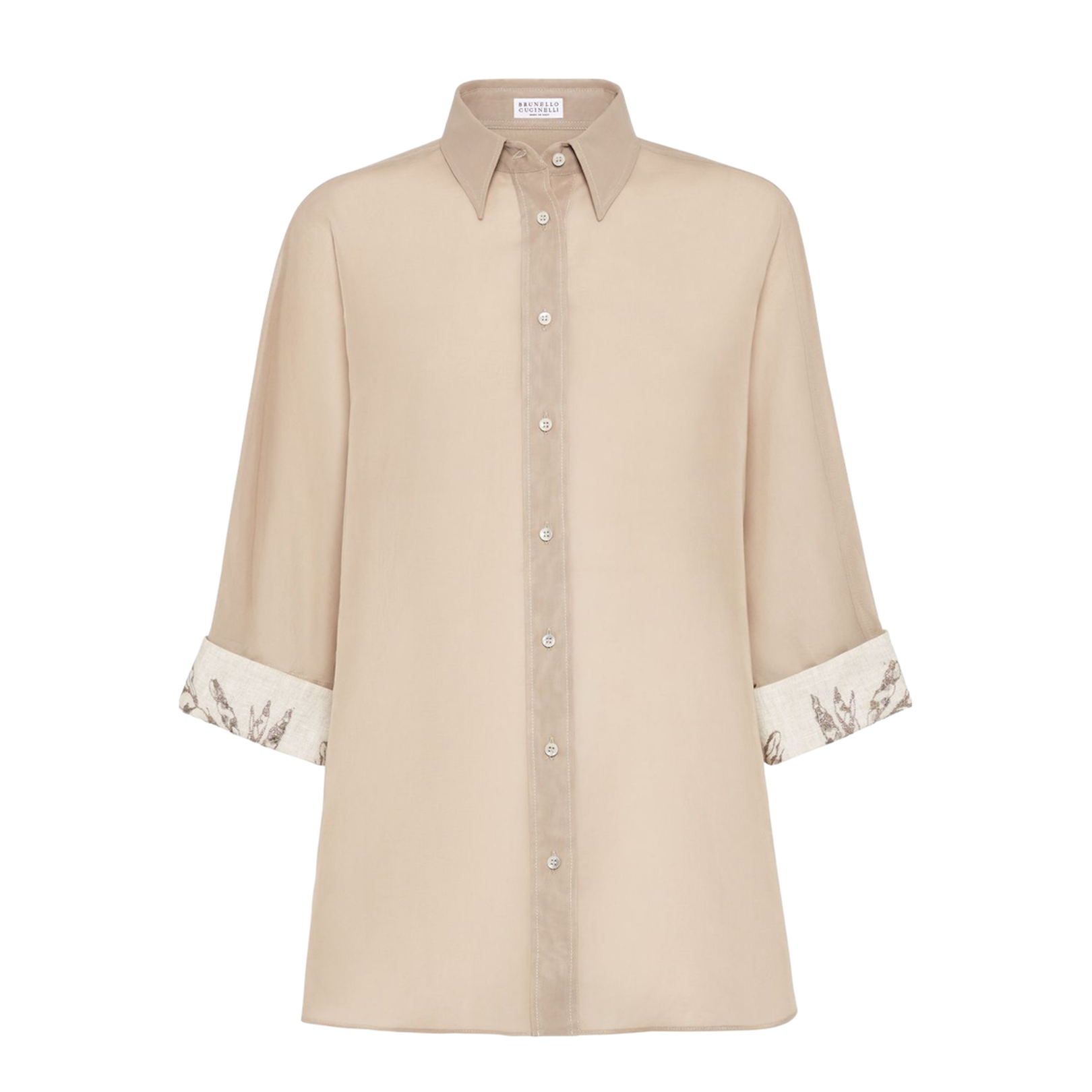 Classic Beige Cotton Shirt with Three-Quarter Sleeves