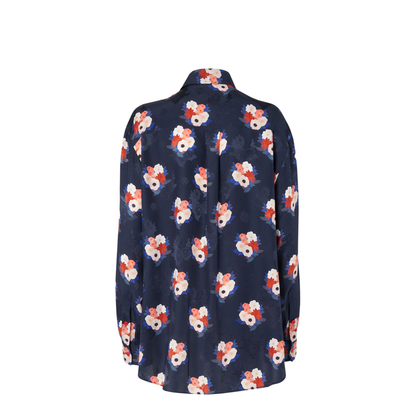 Dark Blue Satin Shirt with Floral Print