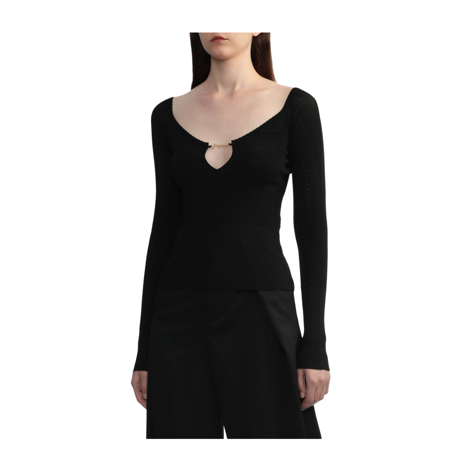 Black Ribbed Knit V-Neck Sweater