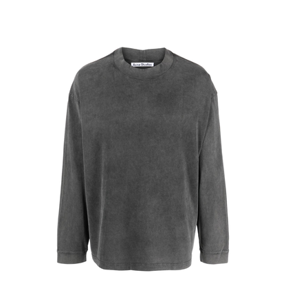 Black Cotton Faded Effect Logo Patch Crew Neck Long Sleeve Top