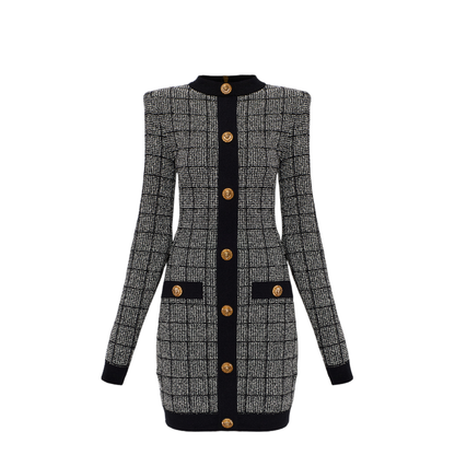 Checked Pattern Tweed Dress Black