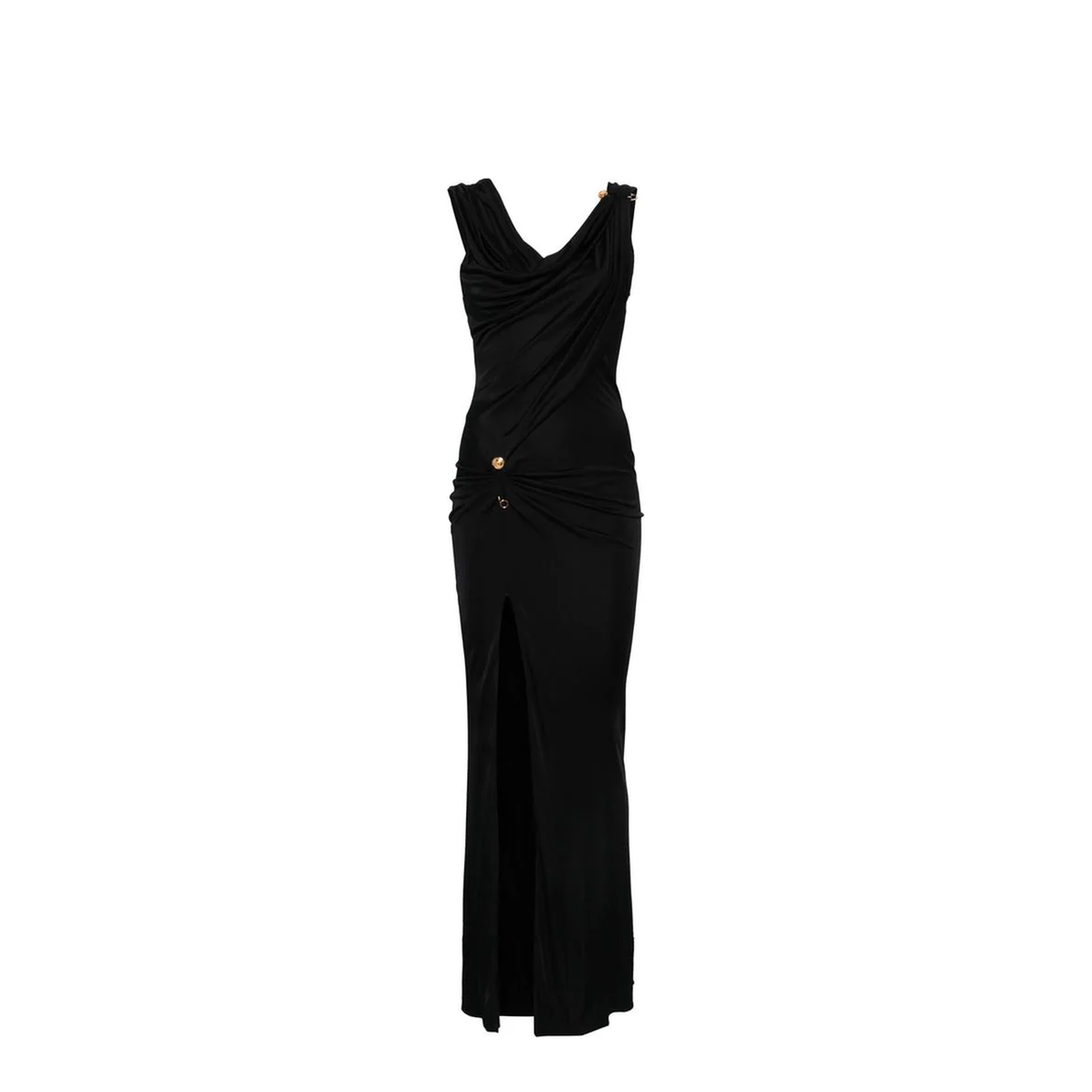 Black Asymmetric Neck Draped Design Side Slit Long Jersey Dress With Satin Inserts Embroidered Midi Dress With Bow