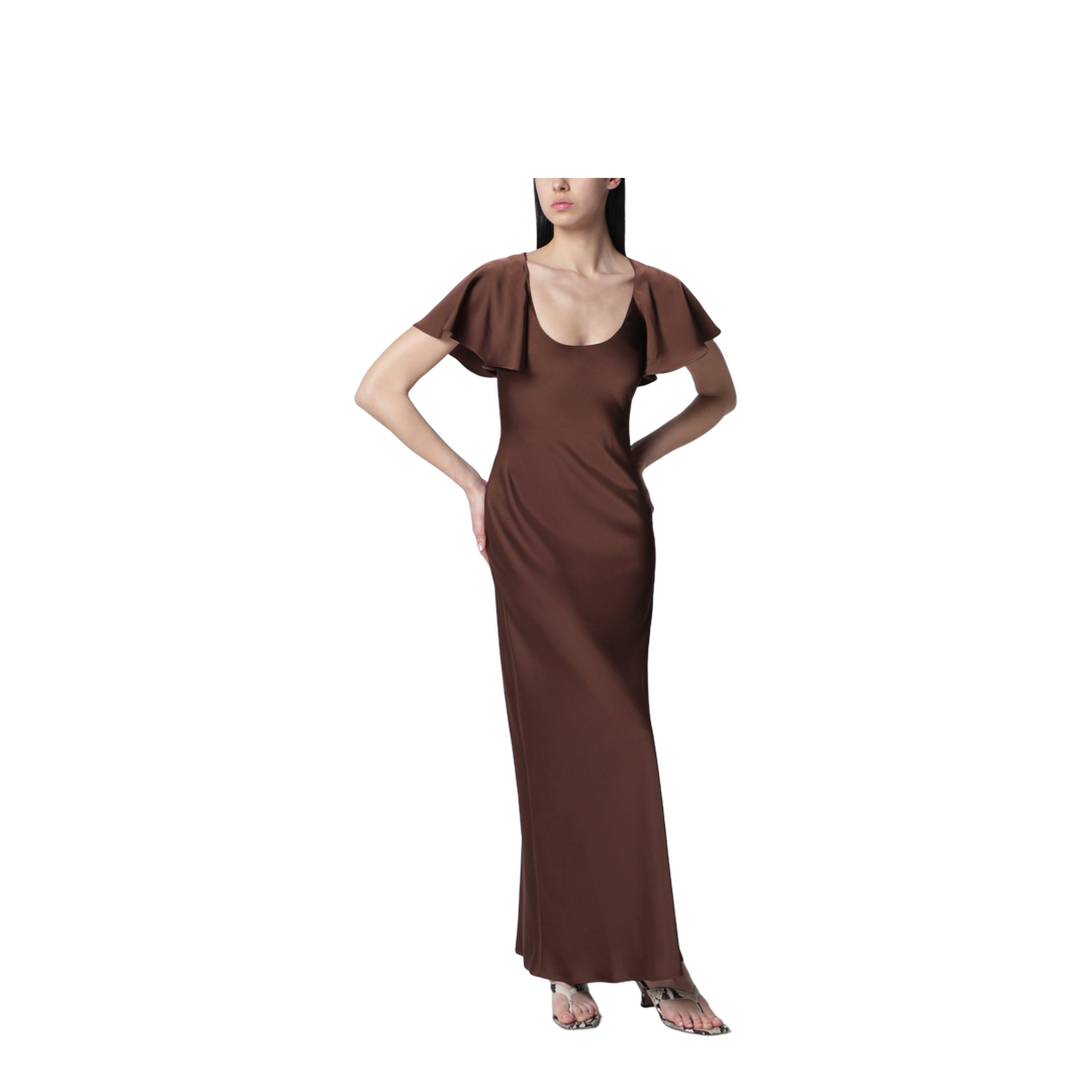 MAYFEYR - Rotate - Long Satin Dress With Flutter Sleeves In Potting Soil - 1159062037PL2037