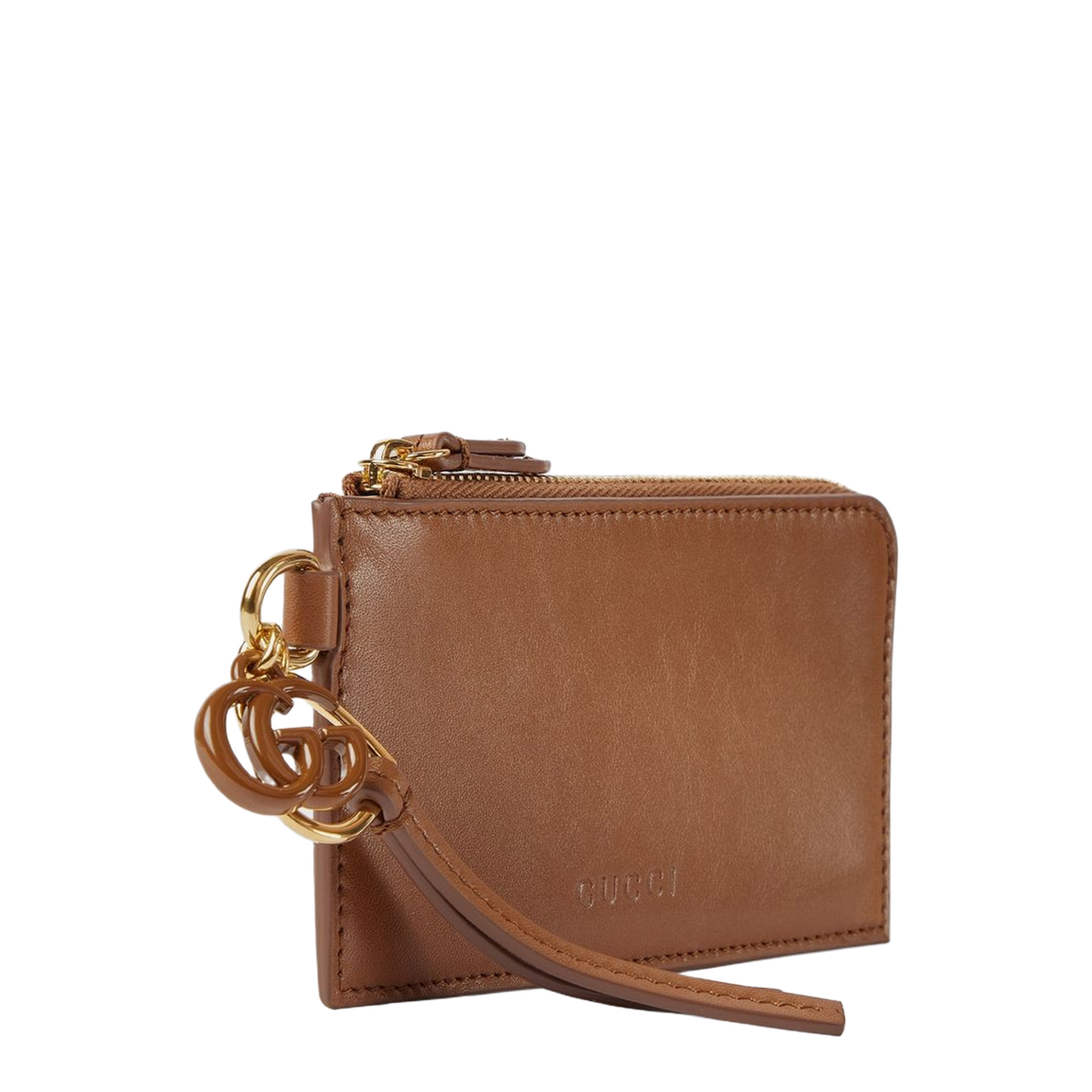 Card case with Double G charm in brown leather