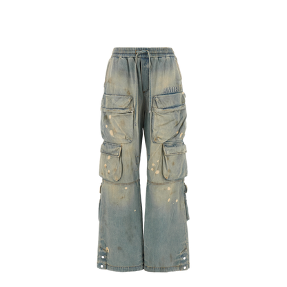 Cargo-Pockets Drawstring Jeans Blue