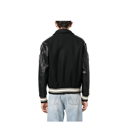 Black Wool Bomber Jacket with Patch