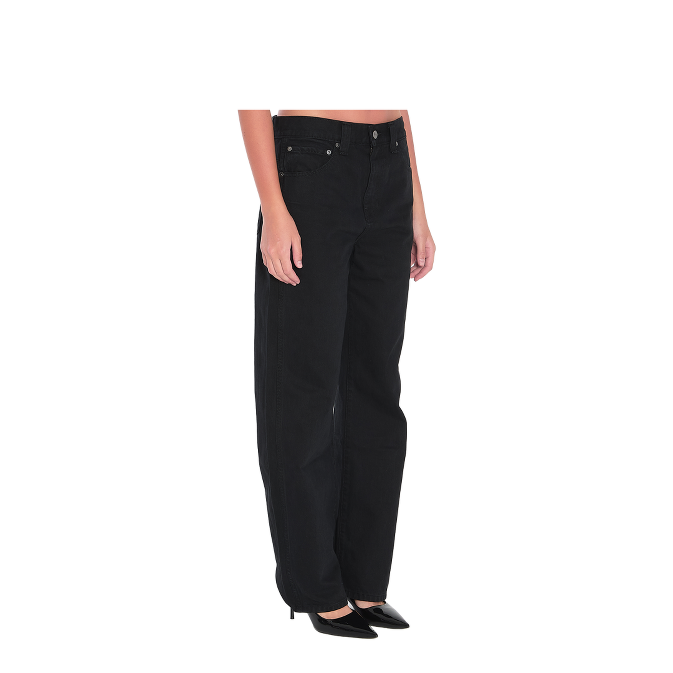 Black Cotton Five-Pocket Design Straight Leg Pants