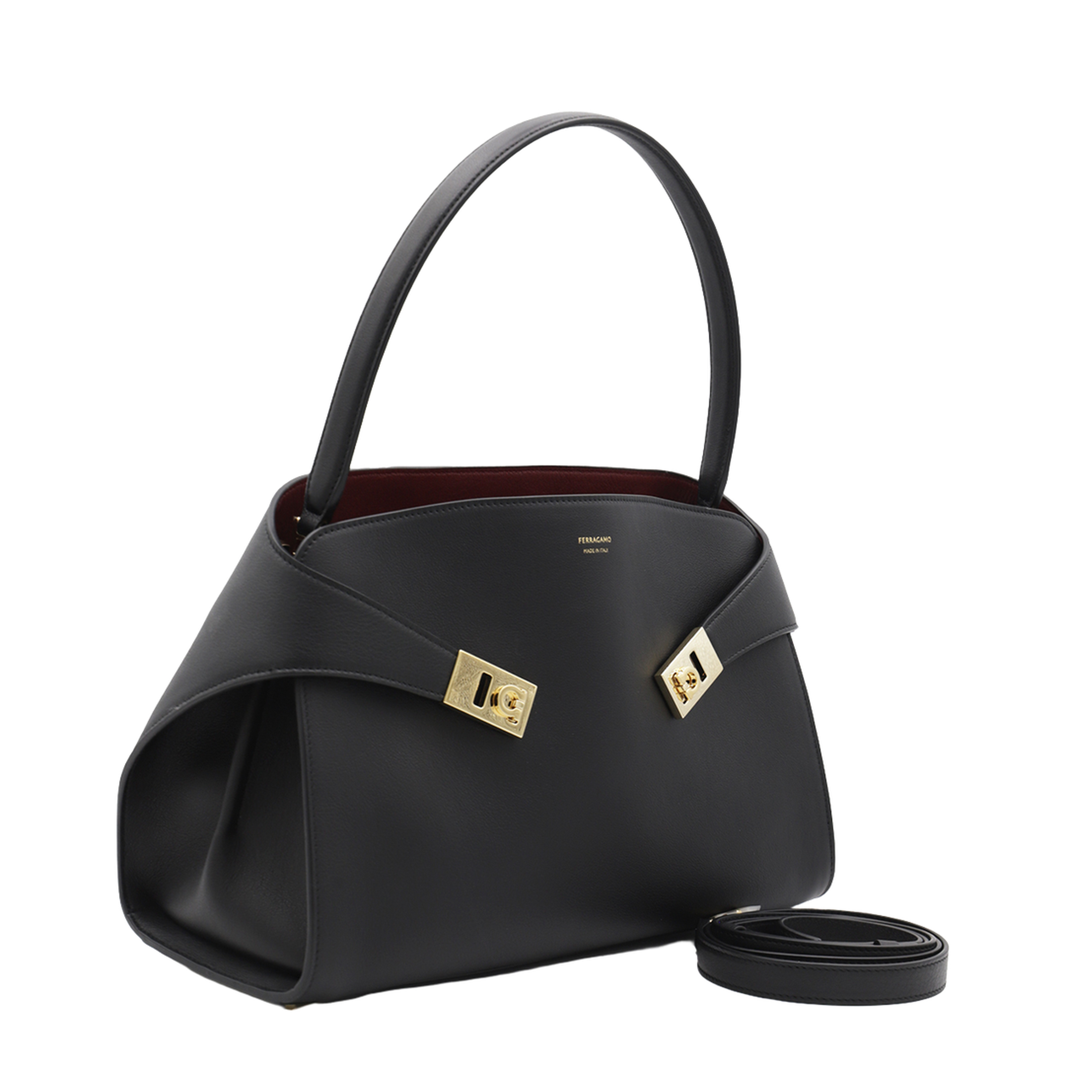 Hug Soft Medium Calf Leather Shoulder Bag - Nero / Burgundy