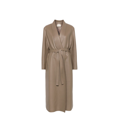 Long Wrap Coat Leather Green