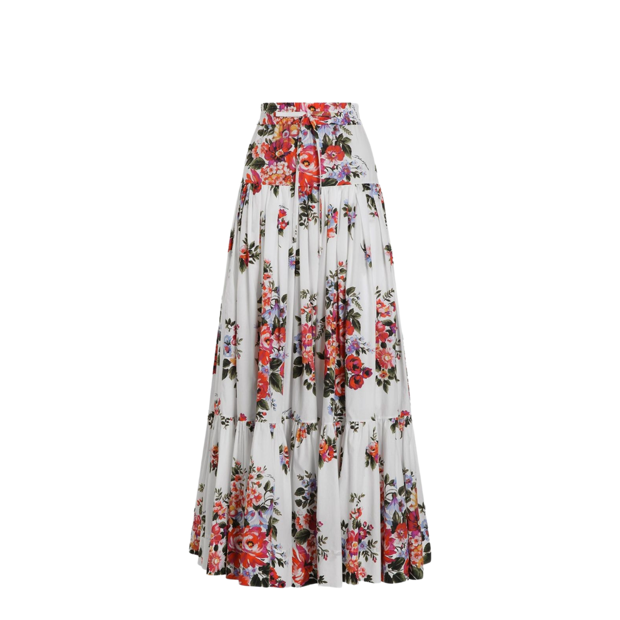 Flower Bouquet-Print Poplin Long Skirt