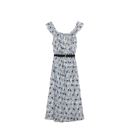 Floral-print Pongee Dress in Light Blue