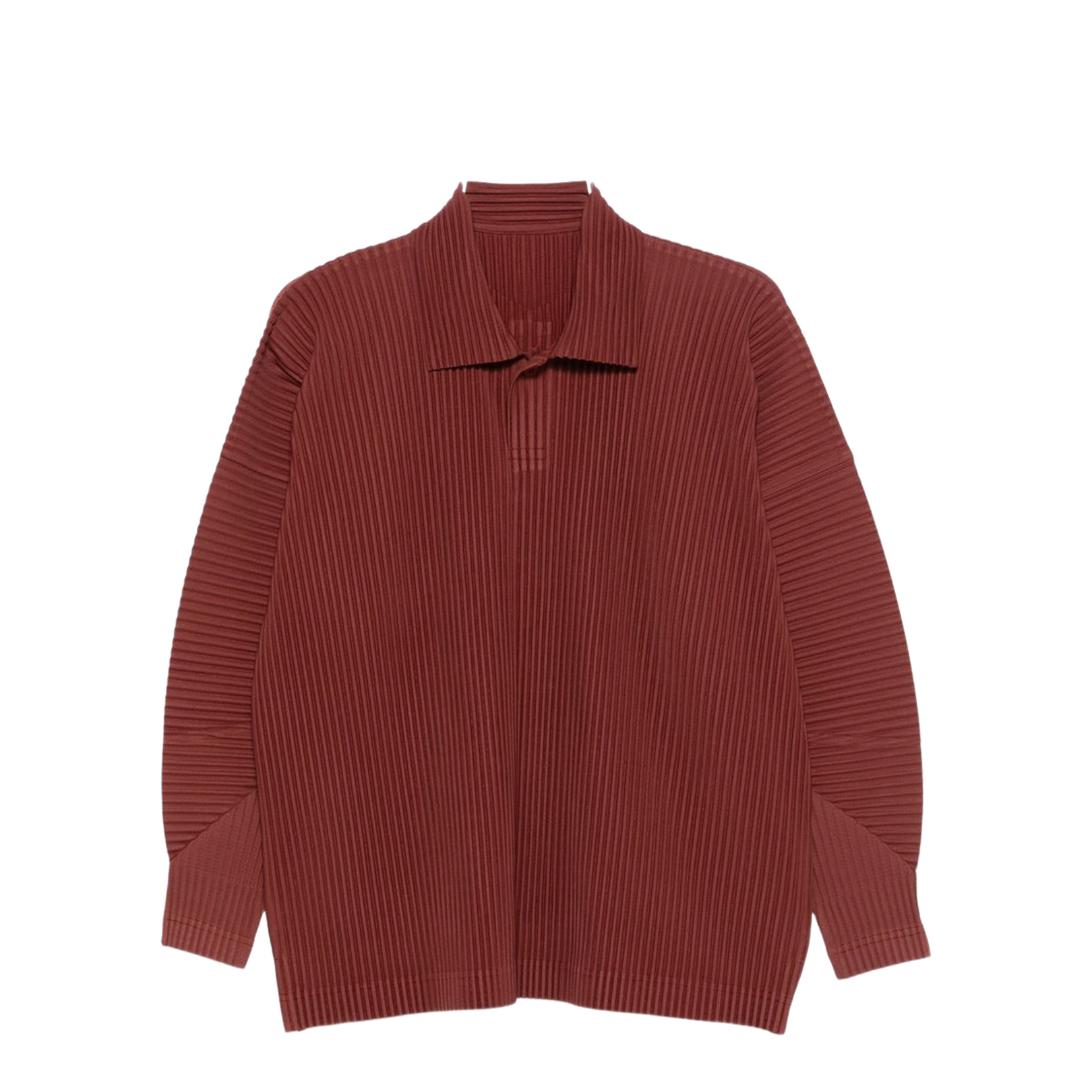Brown Pleated Texture Collared Neck Long Sleeve Button Fastening