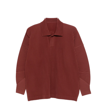 Brown Pleated Texture Collared Neck Long Sleeve Button Fastening