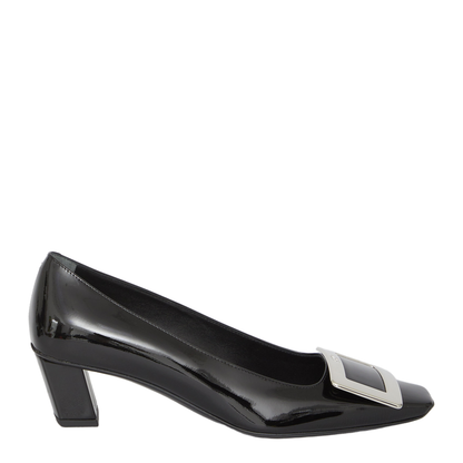 black calfskin pumps with buckle and wide heel
