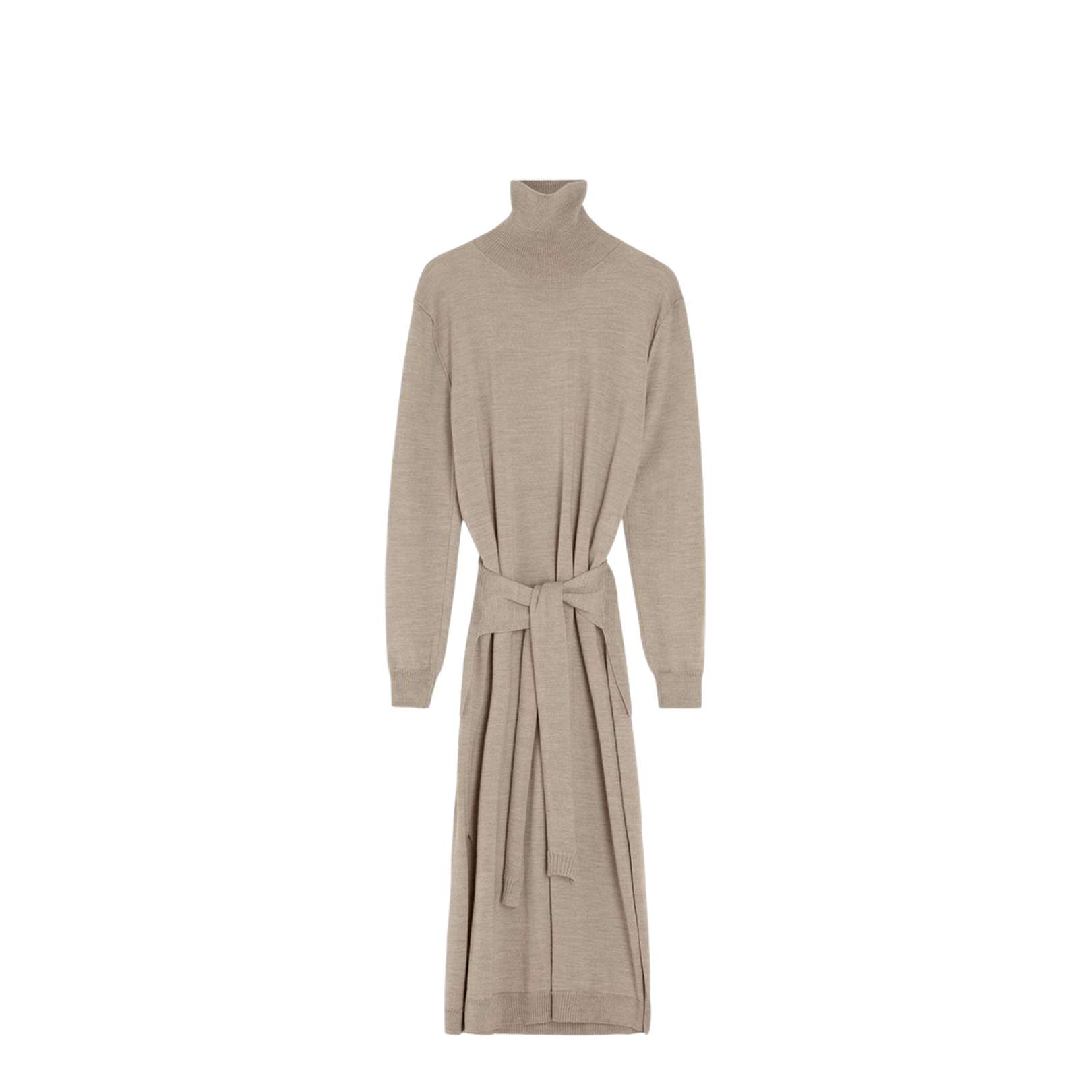 Light Taupe Turtleneck Neckline Tie Fastening Long Sleeves Side Slits Rib-Knit Trim
