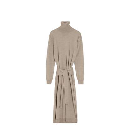Light Taupe Turtleneck Neckline Tie Fastening Long Sleeves Side Slits Rib-Knit Trim