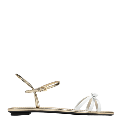White And Gold Leather Sandals With Bow