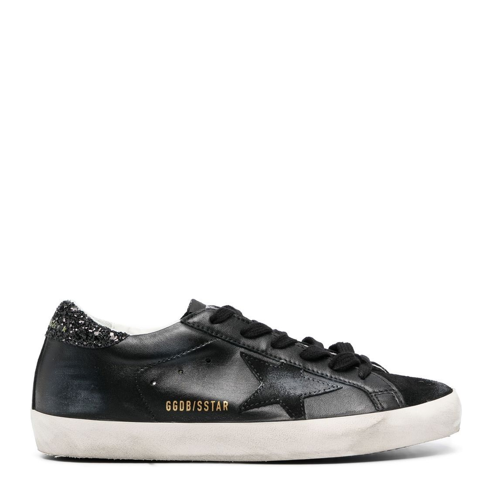 Super-Star in Black Nappa with Black Star and Glitter Heel Tab