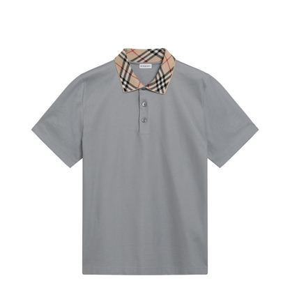 Grey Cotton Polo with Check Collar