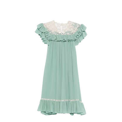 Short-sleeve mini dress in silk georgette & lace