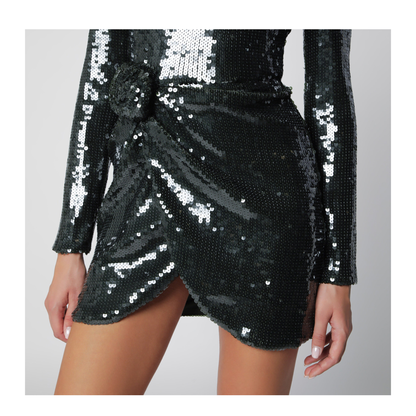 MAYFEYR - Rotate - Olive Black Sequined Mini Dress With Rosette - 116141265BCR1351265