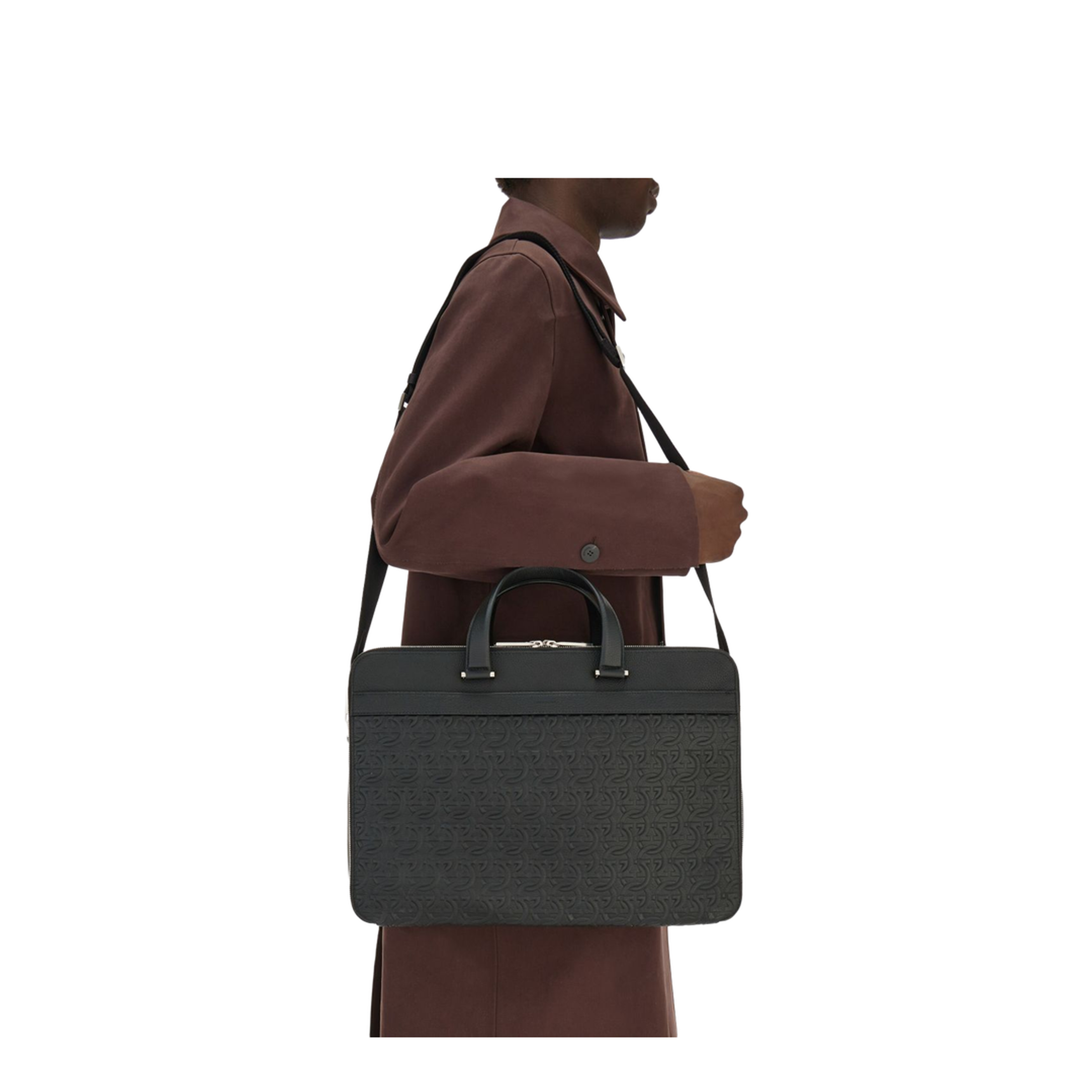 Gancini Embossed Calfskin Briefcase - Black