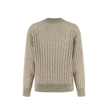 Beige Cotton Sweater with Sequins V-Neck