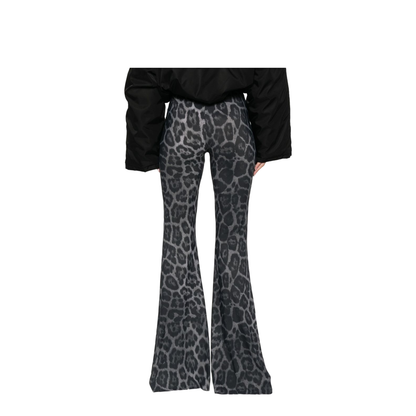 Ash Grey Leopard-Print Mid-Rise Flared Trousers