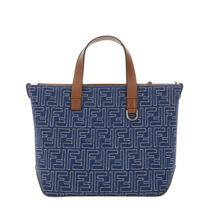 Medium FF Jacquard Fabric/Leather Shopping Bag - Navy